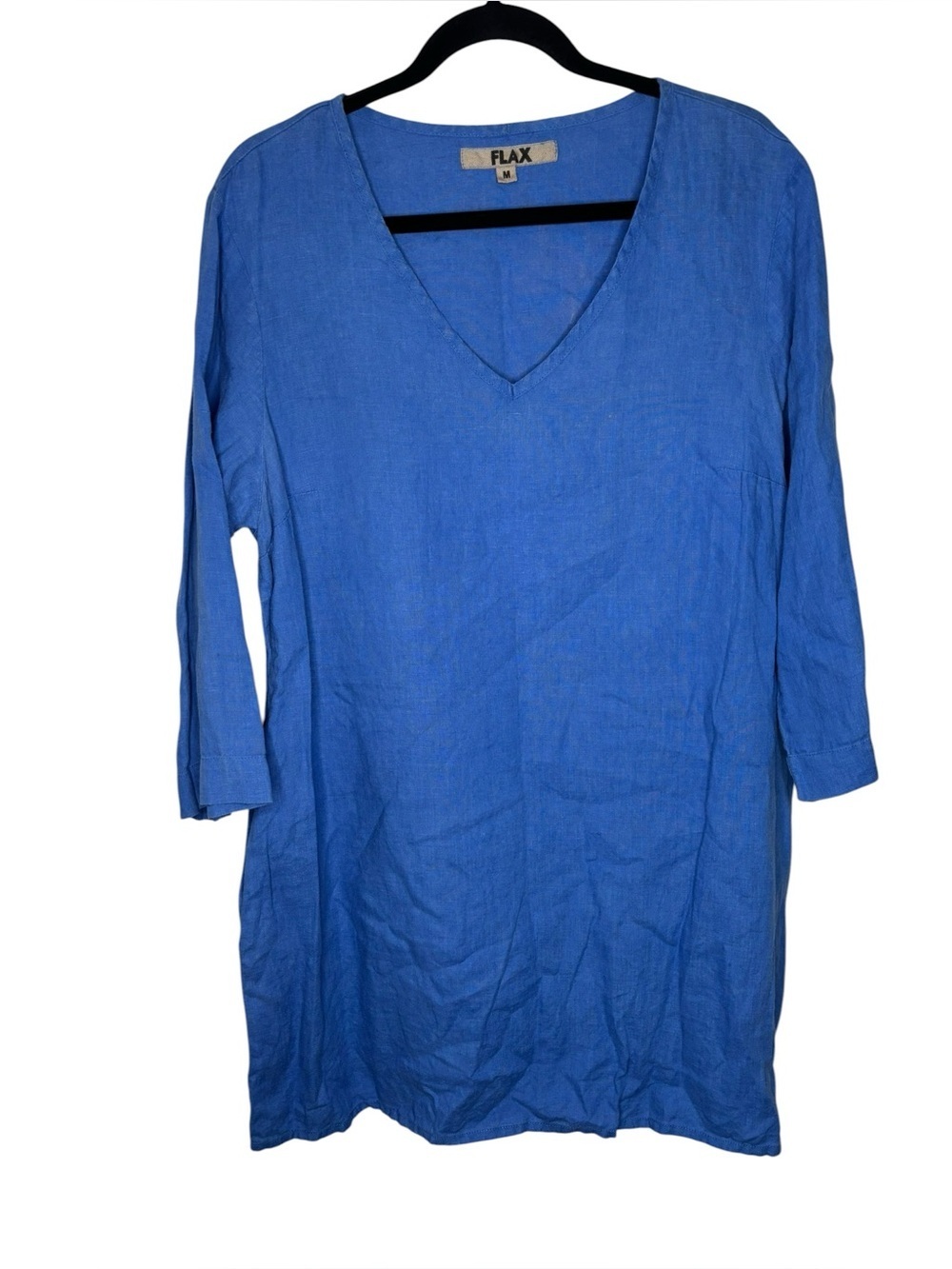 Flax Blue Linen Long Sleeve Mini Dress Tunic Size Medium Lagenlook Prairie